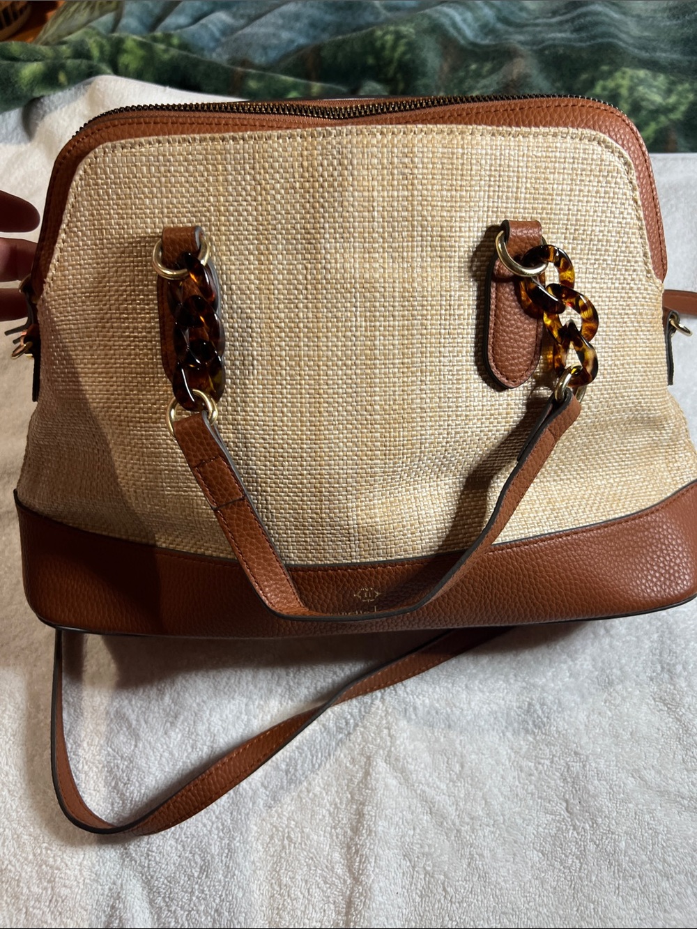 Nanette Lepore Cream Straw Satchel with Brown Trim